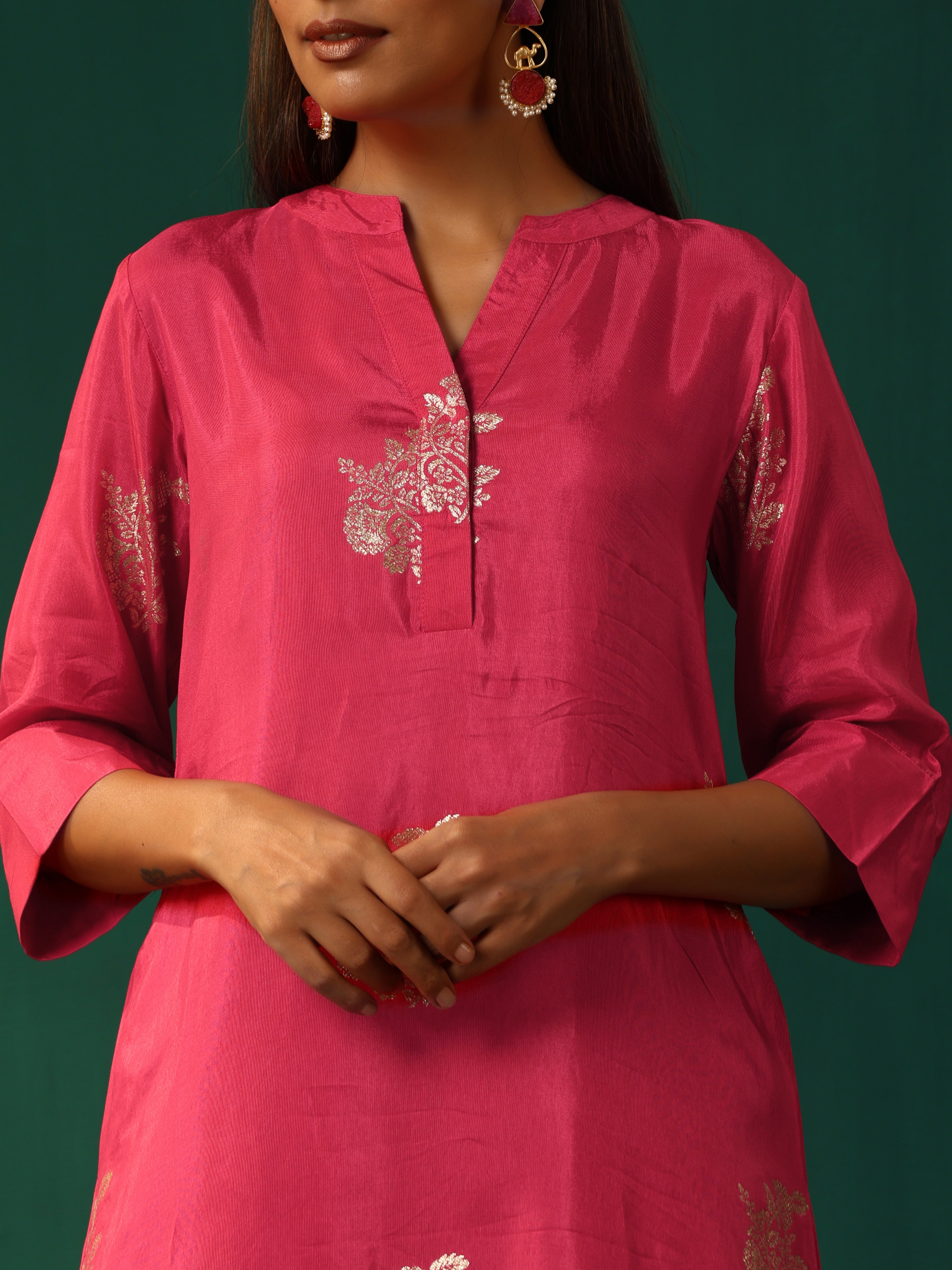 trueBrowns Pink Floral Viscose Silk Round Neck Co-ord Set | Grocsy