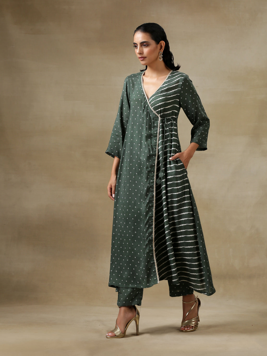 trueBrowns Dark Green Bandhani Printed Silk Angrakha Kurta Pant Set | Grocsy