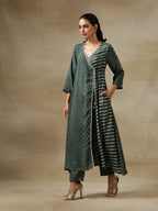trueBrowns Dark Green Bandhani Printed Silk Angrakha Kurta Pant Set | Grocsy