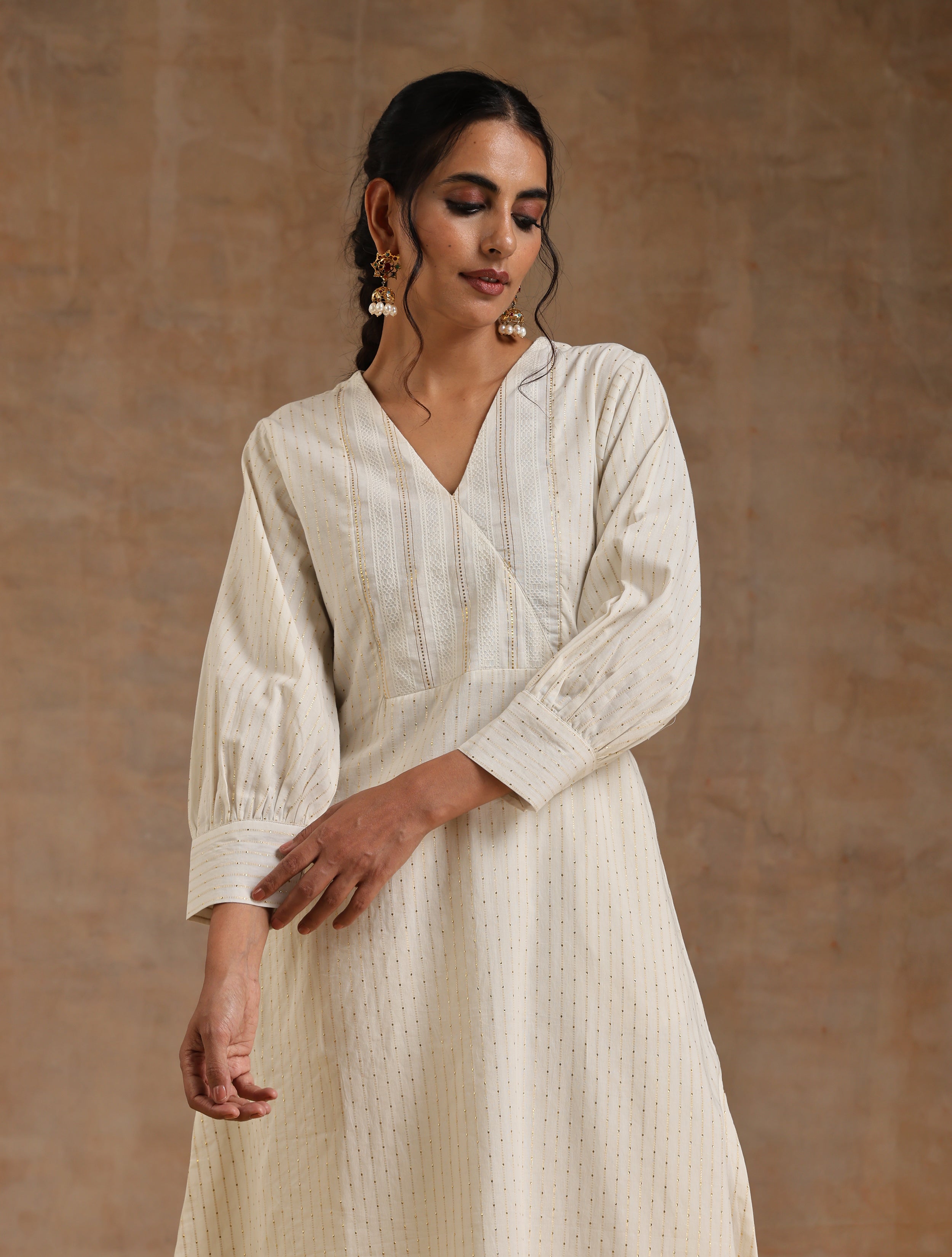 trueBrowns Ivory Gold Cotton Overlap Yoke Kurta Set | Grocsy