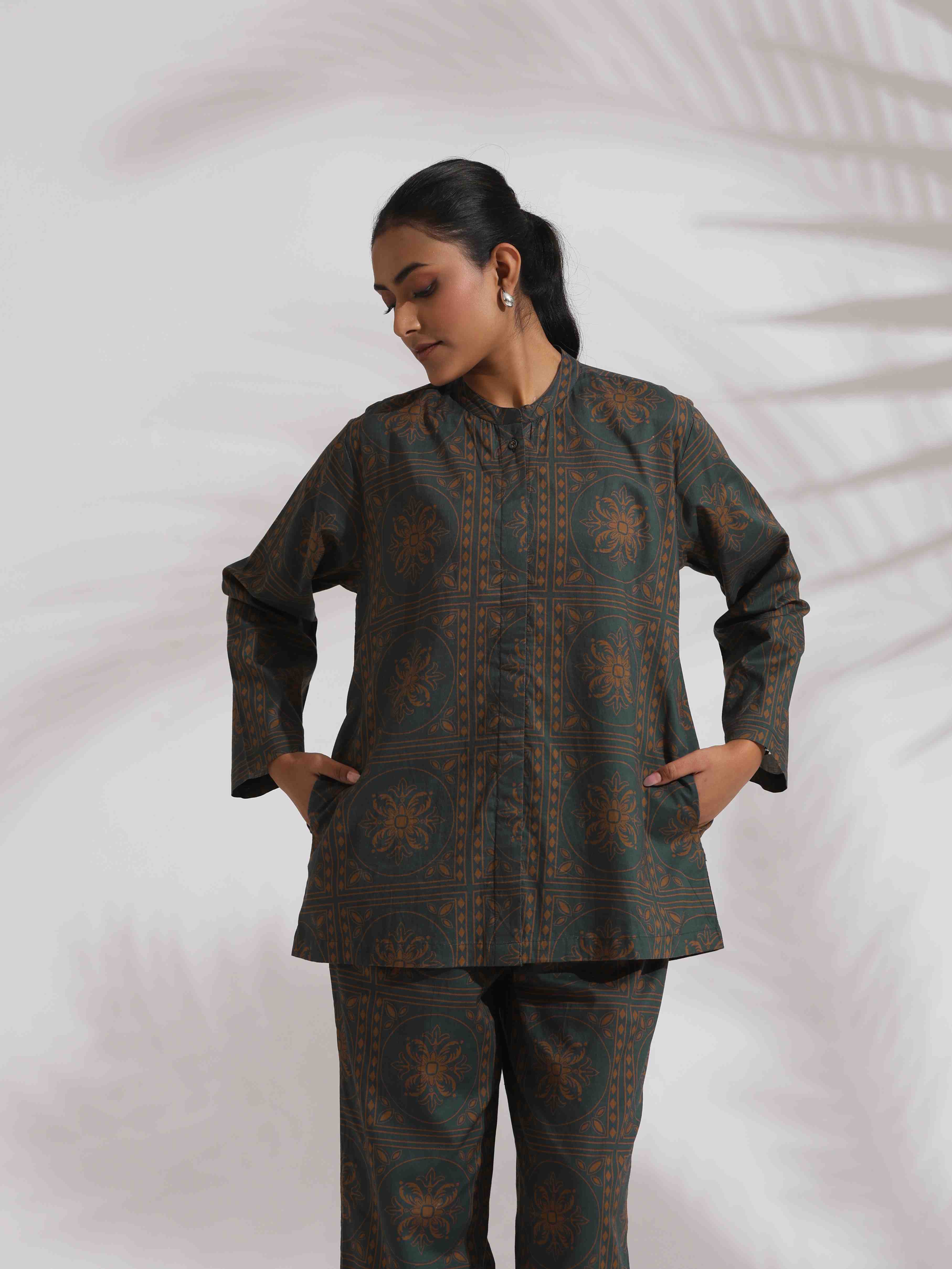 trueBrowns Green Cotton Print Shirt Top & Pants Co-ord Set | Grocsy