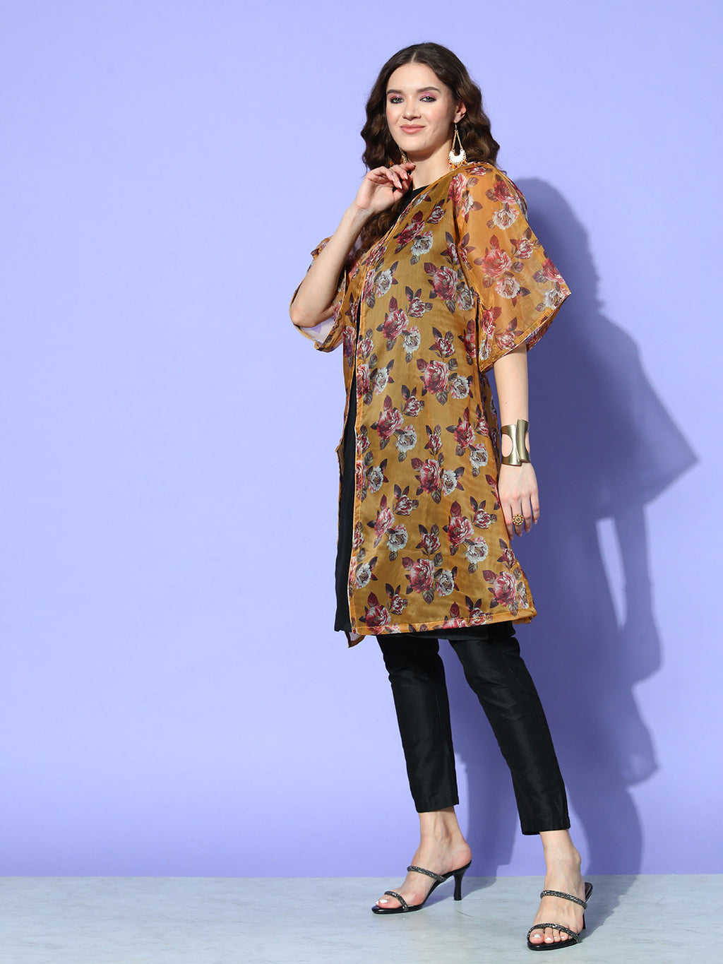 InWeave Women's Camel Brown White Rose Chintz Organza Cape | Grocsy