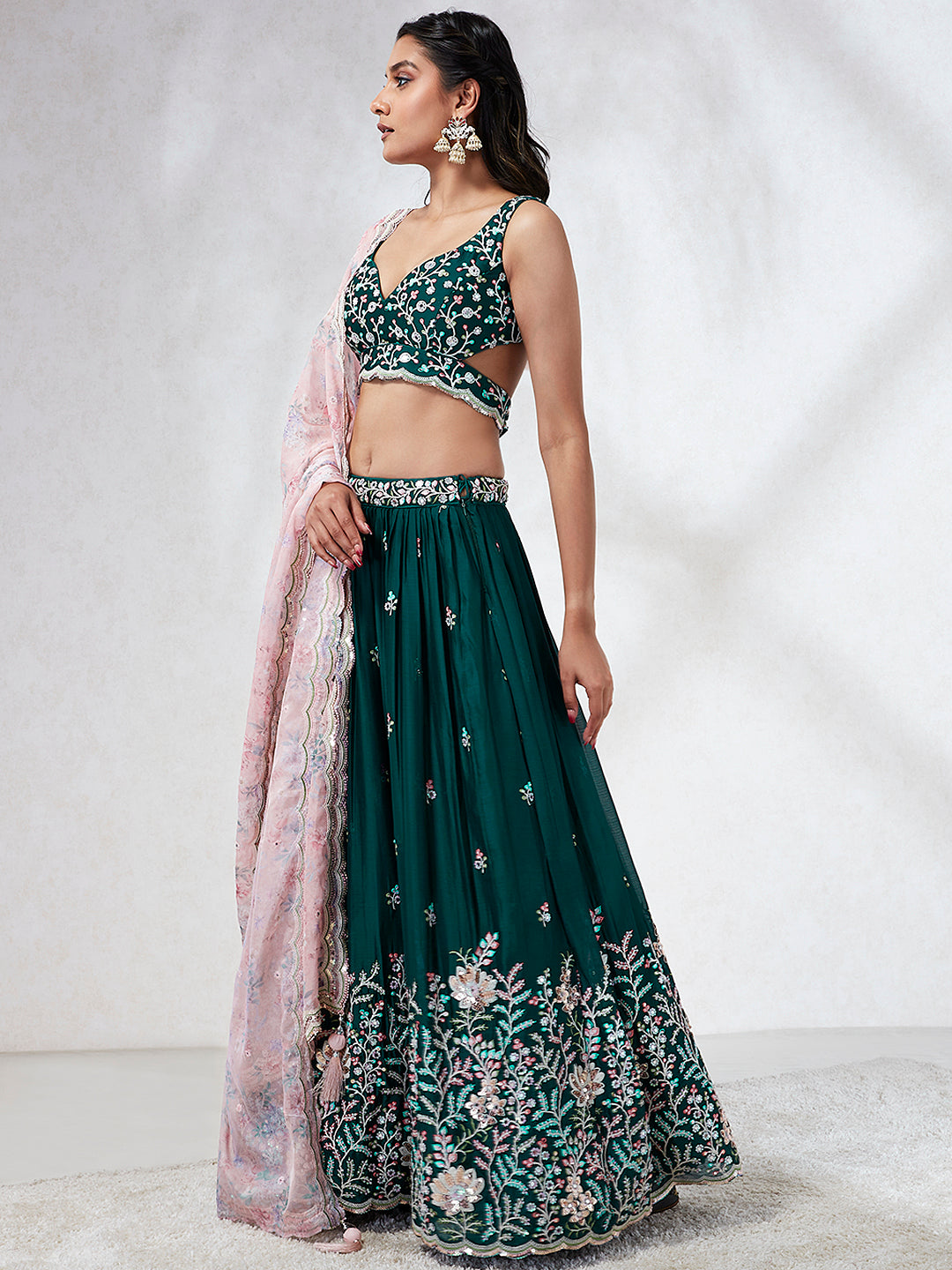 House of Panchhi Teal - Georgette Sequins, Mirror And Thread Embroidery Lehenga Choli | Grocsy