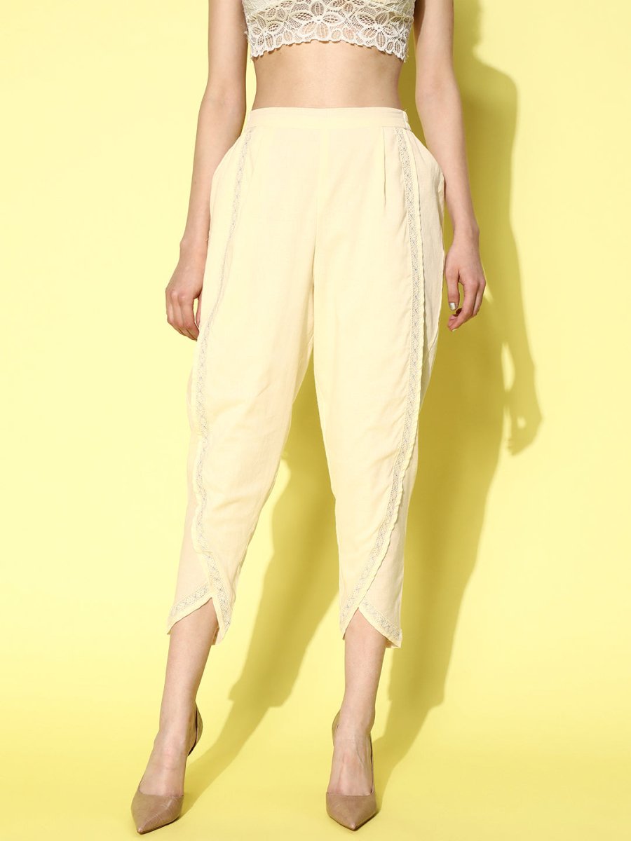 Ahalyaa Beige Floral Lace Insert Dhoti Pants | Grocsy