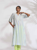trueBrowns White Cotton Multi Stripe Flared Kurta Set | Grocsy