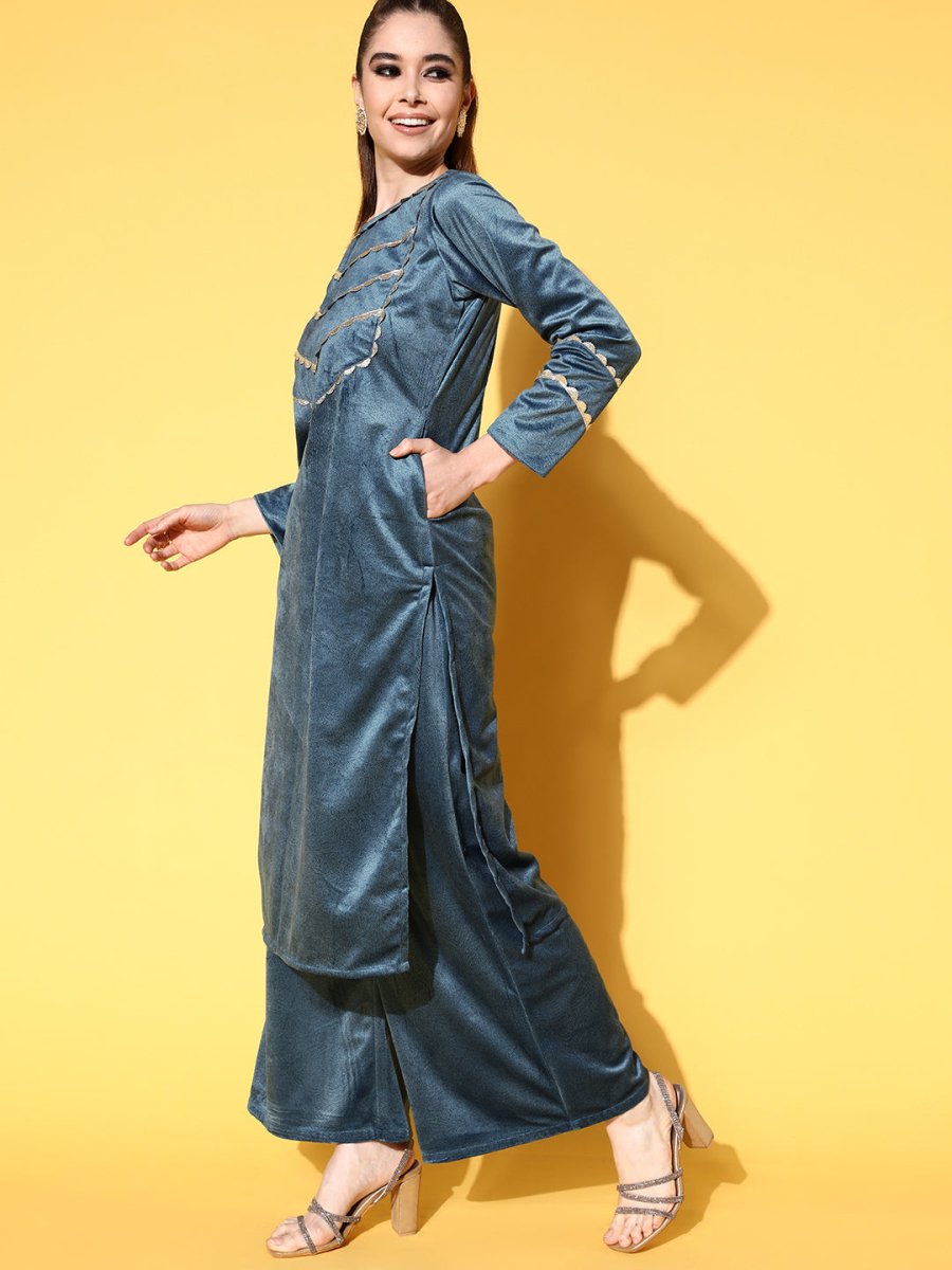 Ahalyaa Women Gotta Patti Velvet Kurta with Palazzos & With Dupatta | Grocsy