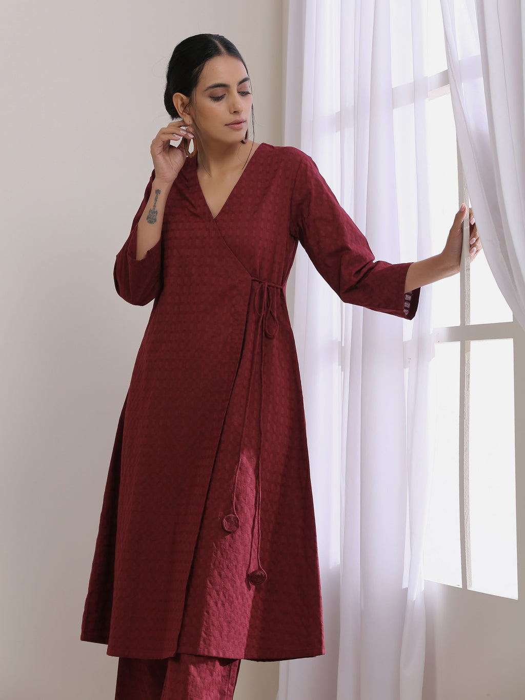 trueBrowns Ruby Wine Dobby Angrakha Pant Set | Grocsy