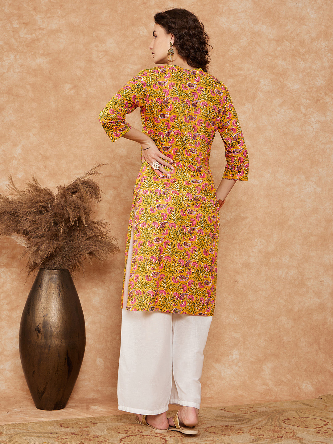InWeave Women's Mustard Green Lace Gota Work Straight Kurta | Grocsy