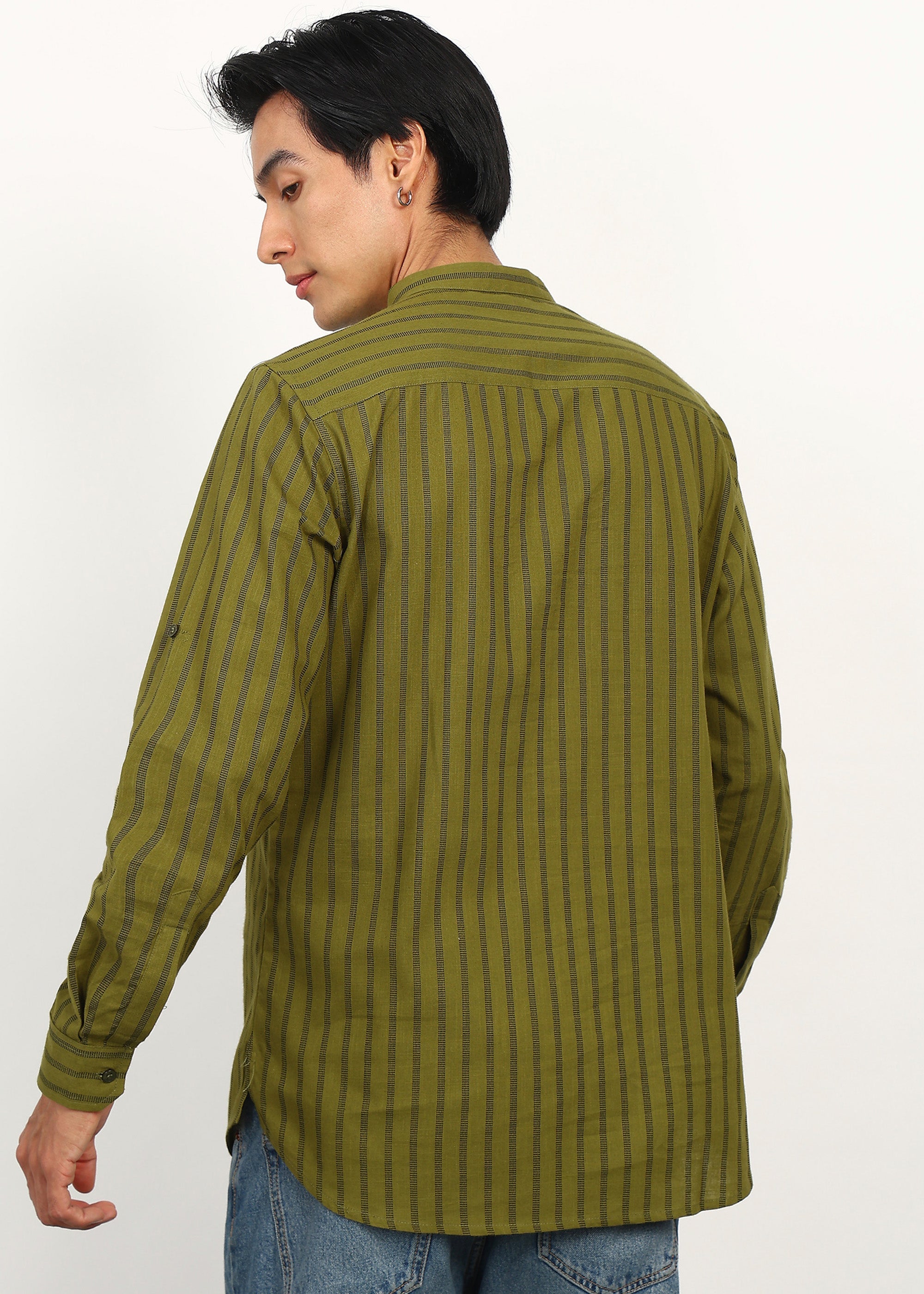 Fabmade Olive Stripe Linen Kurta | Grocsy
