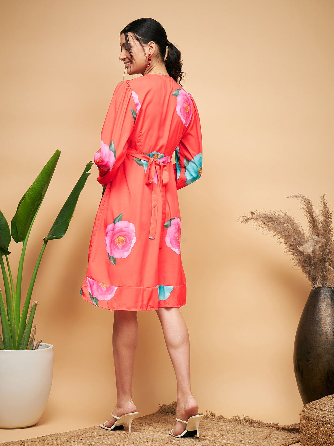 InWeave Women's Dark Orange Pink Blue Flower Belted Dress | Grocsy