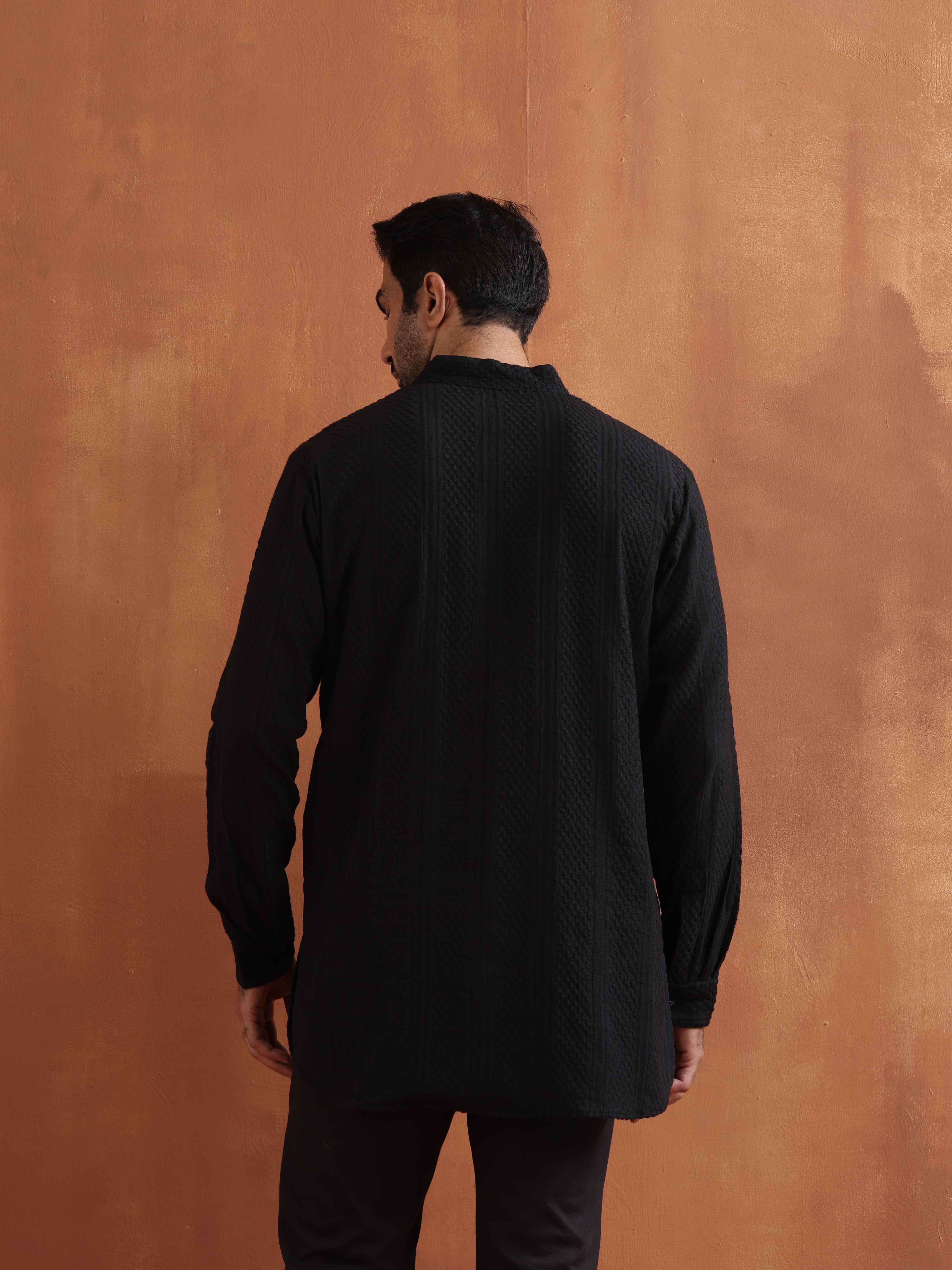 trueBrowns Men's Black Textured Cotton Dobby Short Kurta | Grocsy