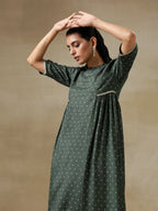 trueBrowns Dark Green Bandhani Printed Silk Side Gathered Kurta Pant Set | Grocsy