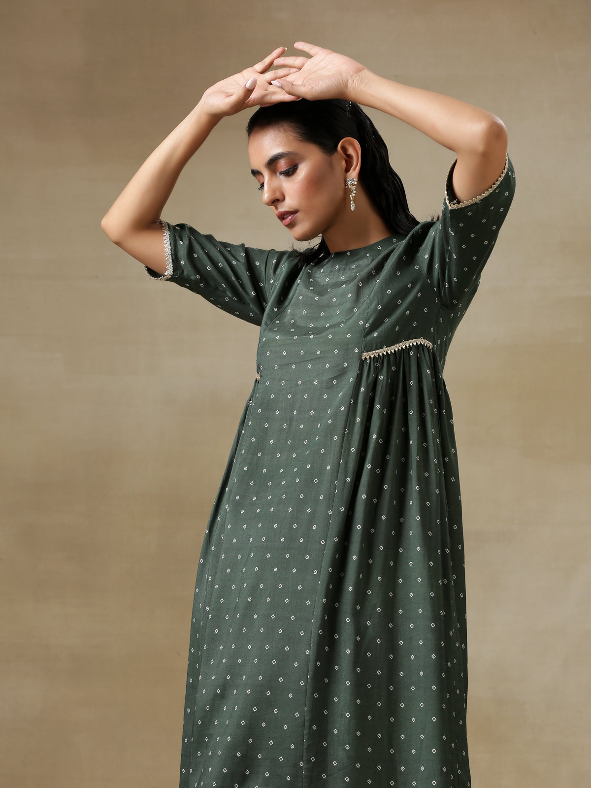 trueBrowns Dark Green Bandhani Printed Silk Side Gathered Kurta Pant Set | Grocsy