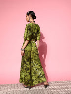 InWeave Women's Olive Tie And Dye New Neckline Top Culottes Set | Grocsy