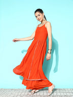 InWeave Women's Orange Red Gota Strappy Set With Orange Leh Dupatta | Grocsy