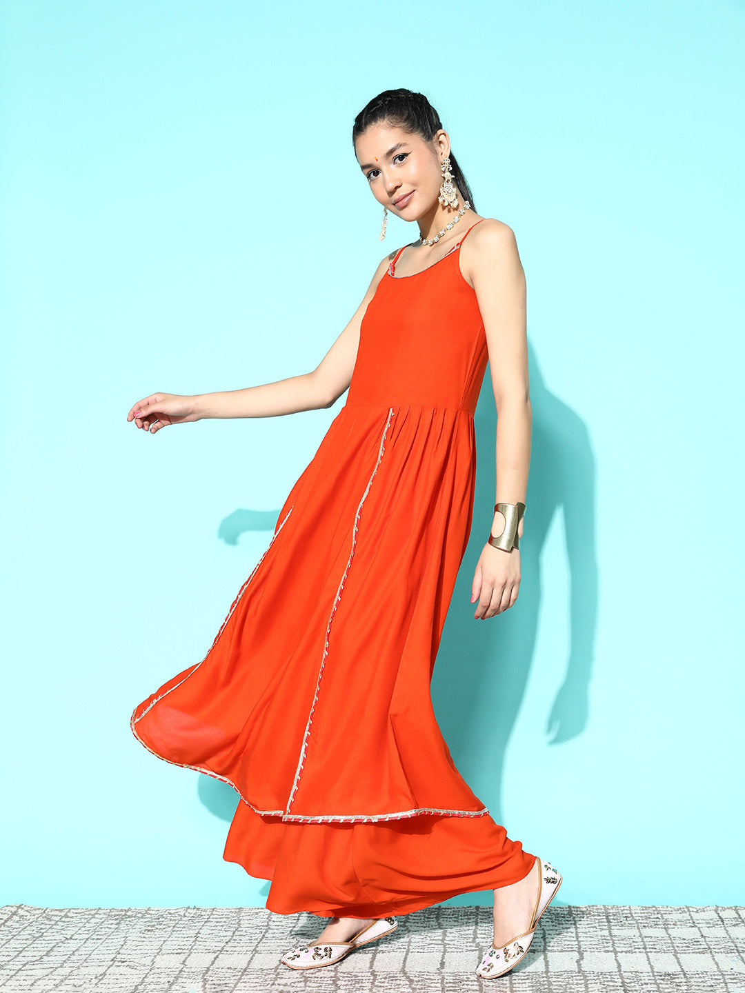 InWeave Women's Orange Red Gota Strappy Set With Orange Leh Dupatta | Grocsy