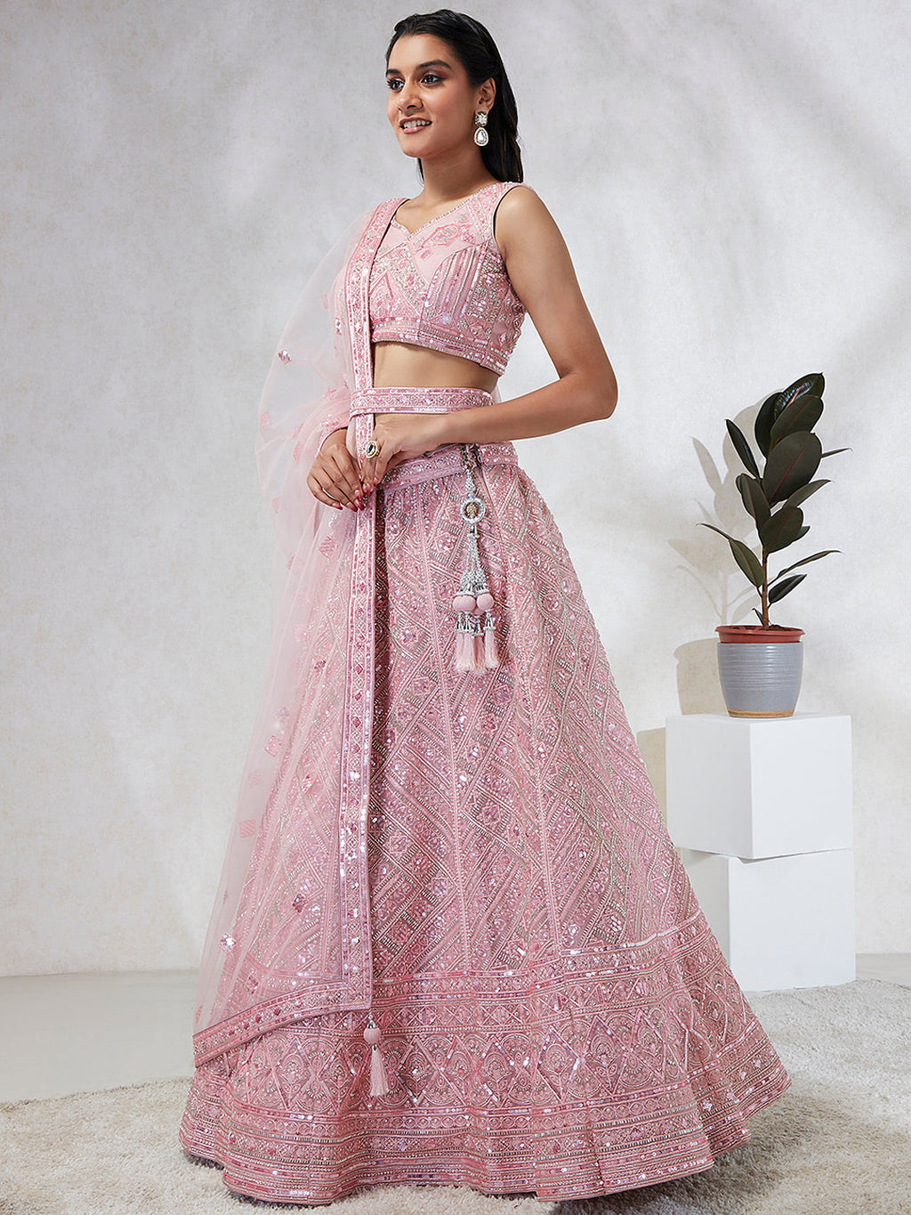 House of Panchhi Pink Net Cutdana, Sequins And Zarkan Embroidery Lehenga Choli & Dupatta | Grocsy