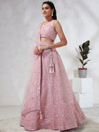 House of Panchhi Pink Net Cutdana, Sequins And Zarkan Embroidery Lehenga Choli & Dupatta | Grocsy