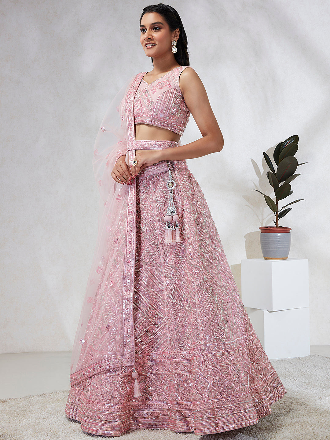 House of Panchhi Pink Net Cutdana, Sequins And Zarkan Embroidery Lehenga Choli & Dupatta | Grocsy
