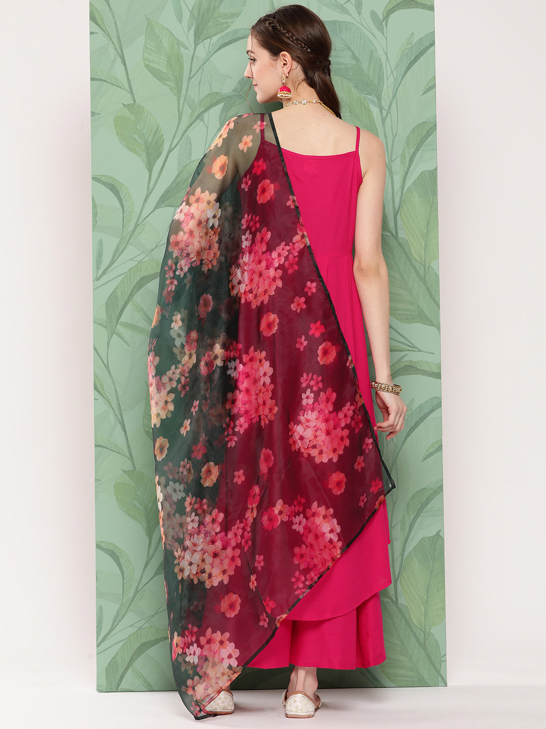 InWeave Women's Fuchsia Strappy Set W Dark Green Camelia Or Dupatta | Grocsy