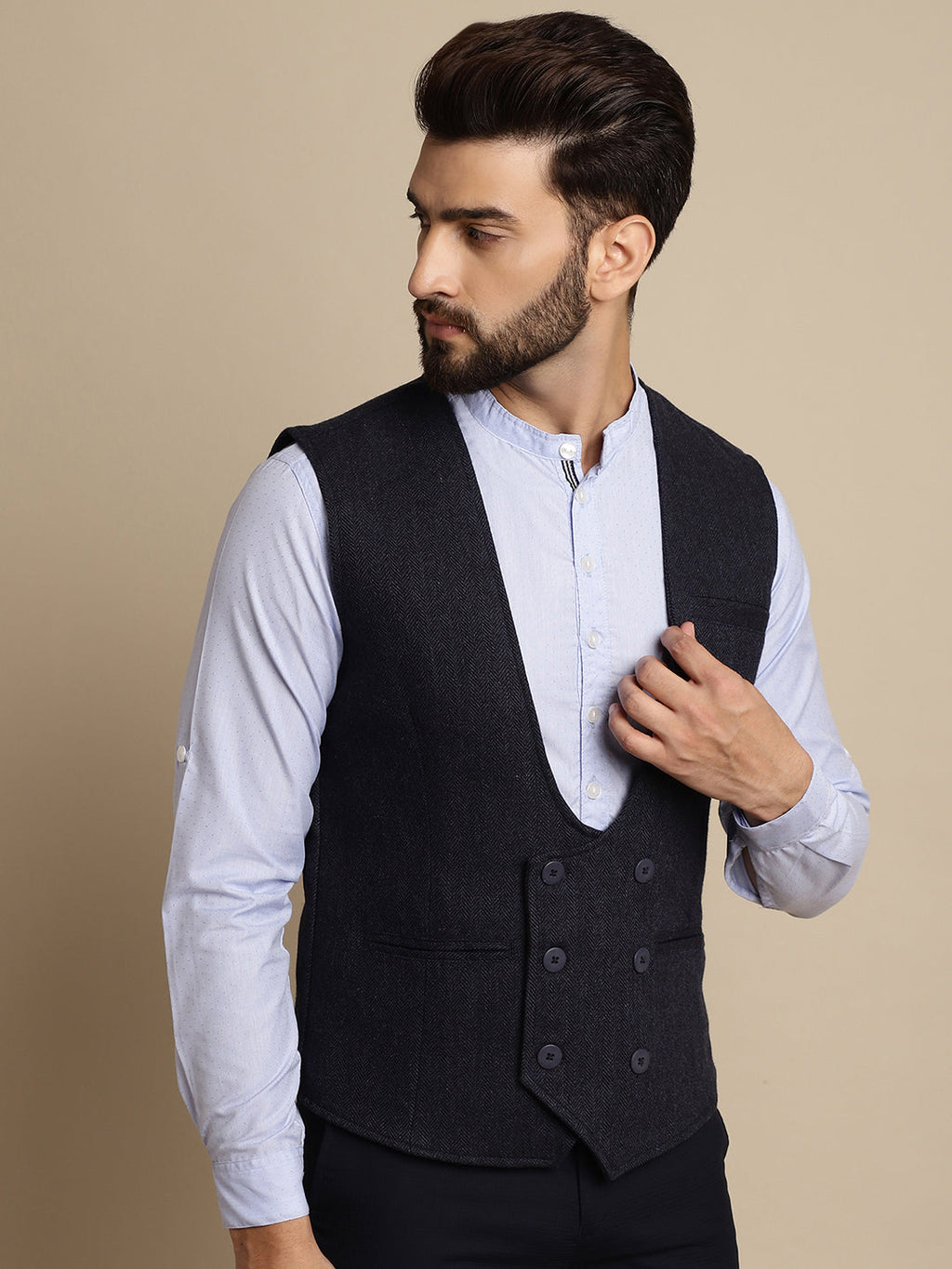 Even Apparels Men's Blue Woolen Double Breast Waistcoat | Grocsy