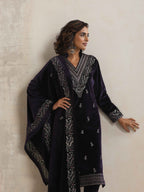trueBrowns Purple Velvet Embroidered Kurta Pant Dupatta Set | Grocsy