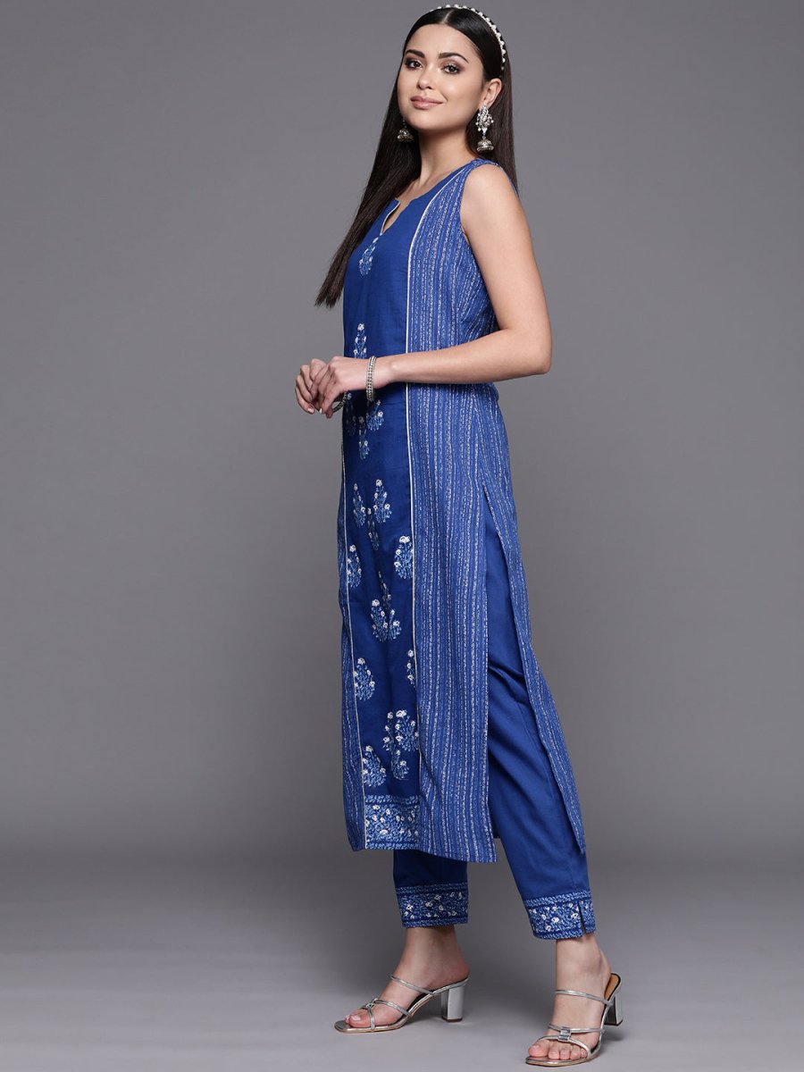 Ahalyaa Women Blue Floral Printed Pure Cotton Kurta with Trousers | Grocsy