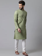 Even Apparels Green Pure Cotton Kurta With Band Collar | Grocsy