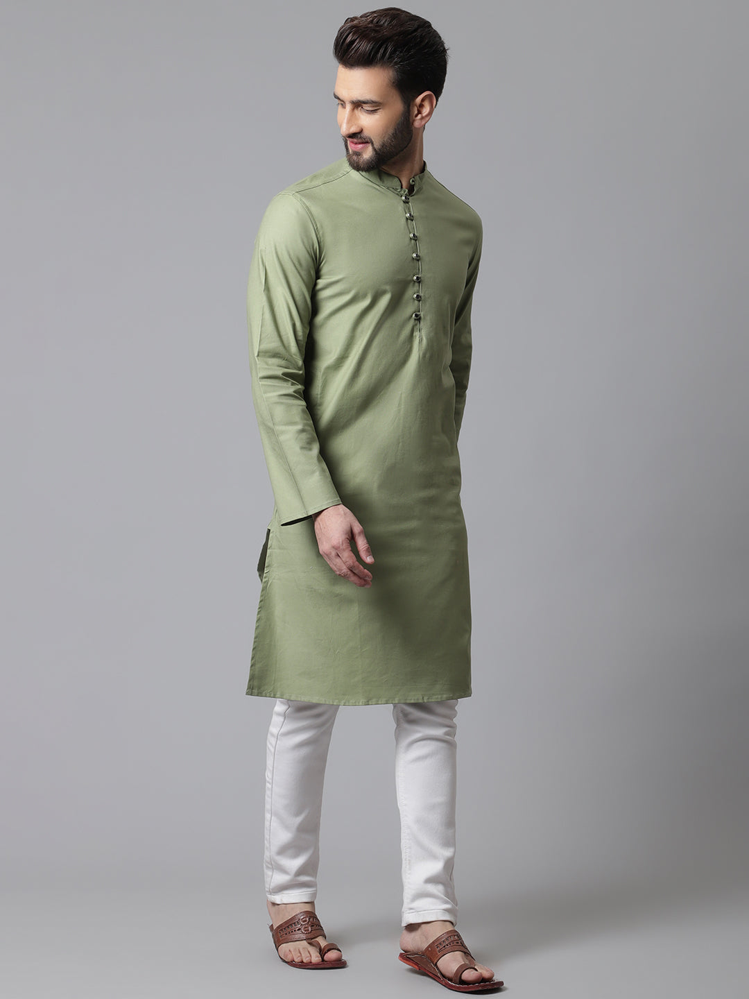 Even Apparels Green Pure Cotton Kurta With Band Collar | Grocsy