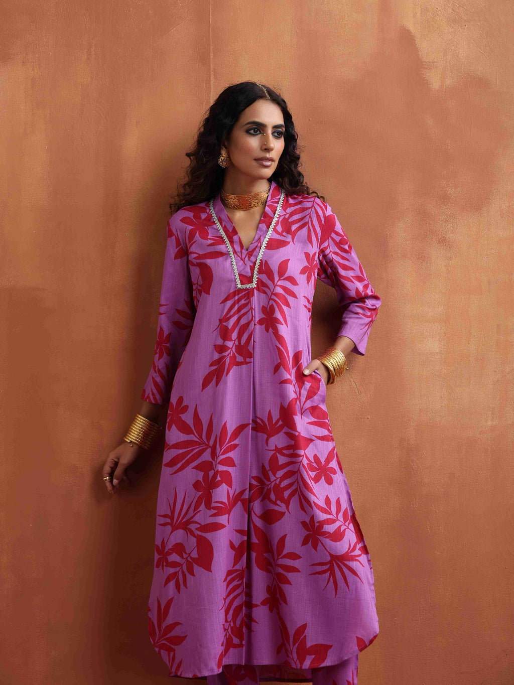 trueBrowns Purple Print Straight Kurta Set | Grocsy