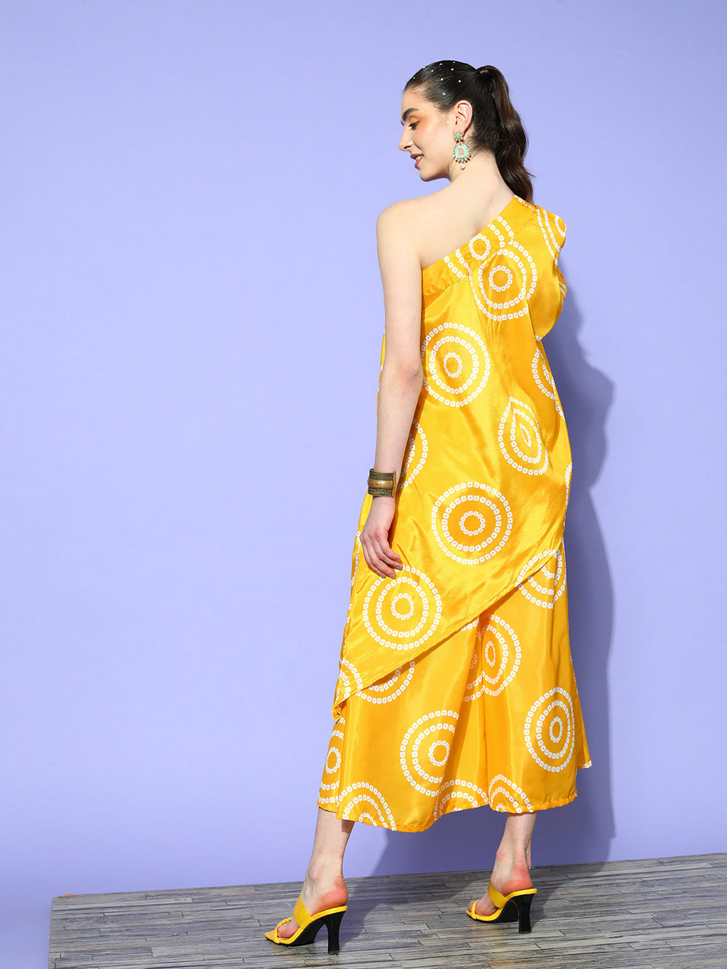 InWeave Women's Yellow Bandhani Motif One Shoulder Palazzo Set | Grocsy