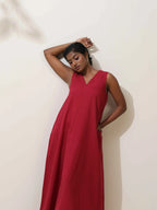 trueBrowns Maroon Cotton Linen Dress | Grocsy