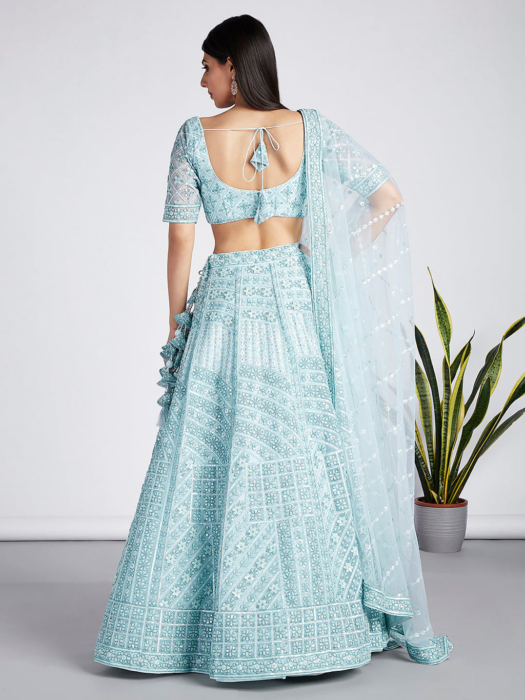 House of Panchhi Turquoise Blue Net Sequins, Zarkan And Thread Embroidery Lehenga Choli & Dupatta | Grocsy