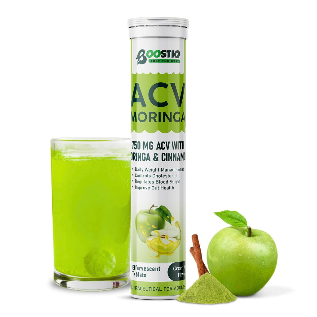 BOOSTIQ Apple Cider Vinegar With Moringa Effervescent Tablets - Green Apple Flavour | Grocsy