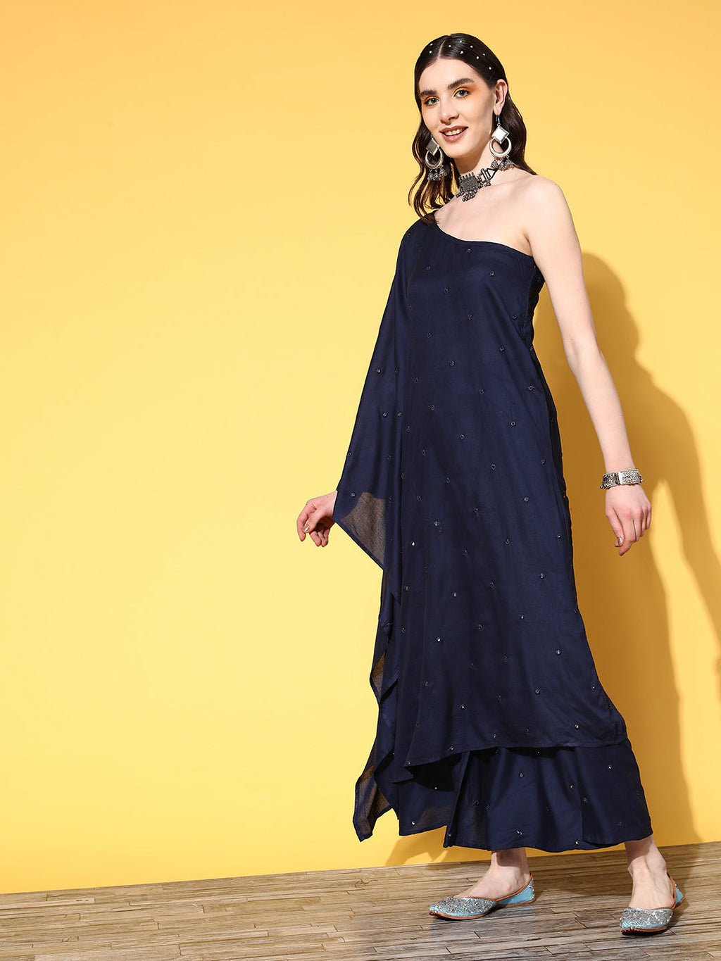 InWeave Women's Navy Mirror Work One Shoulder Kurta Set With Dupatta | Grocsy