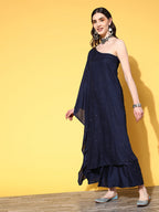 InWeave Women's Navy Mirror Work One Shoulder Kurta Set With Dupatta | Grocsy