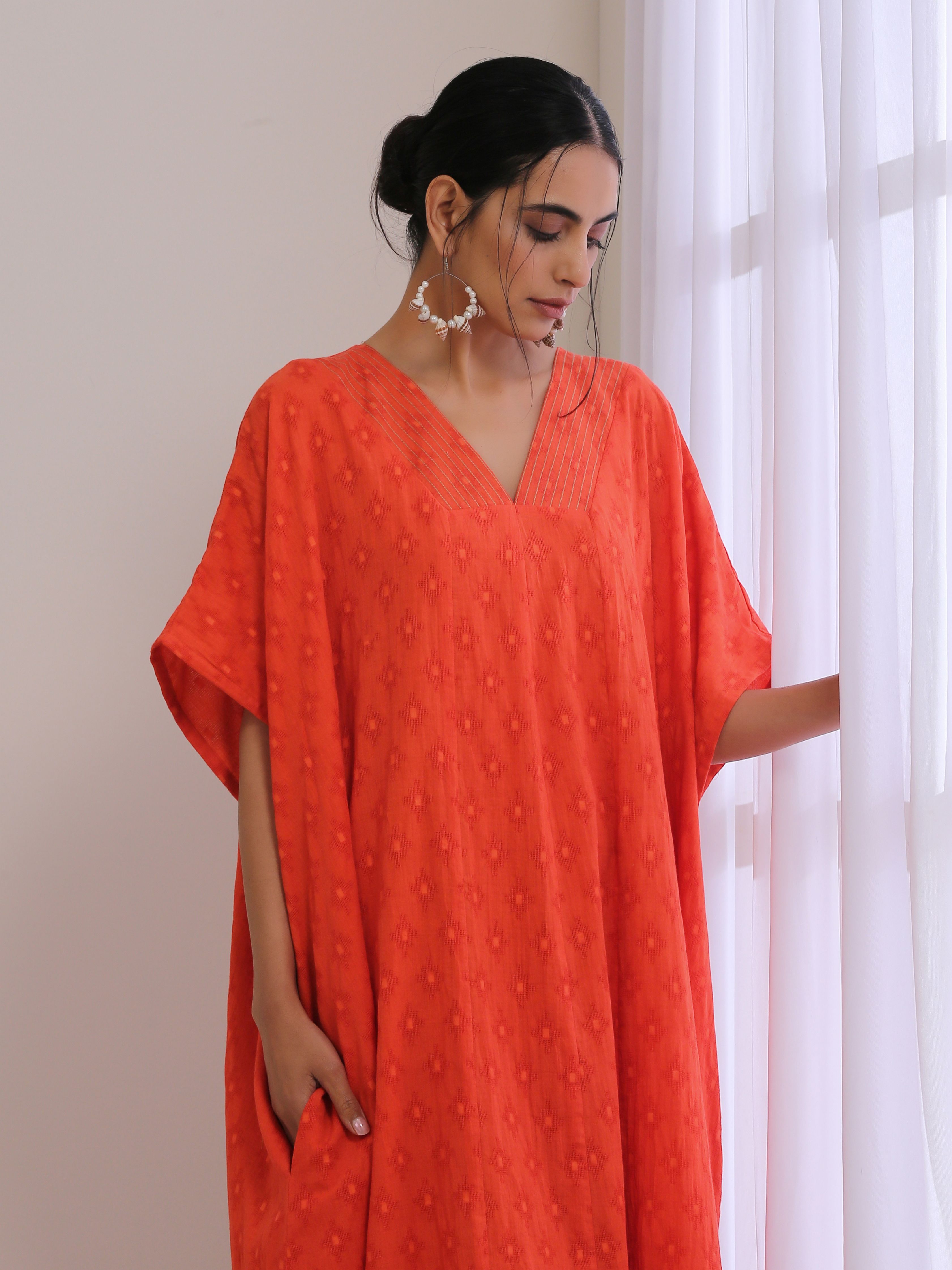 trueBrowns Orange Dobby Panel Kaftan Dress | Grocsy