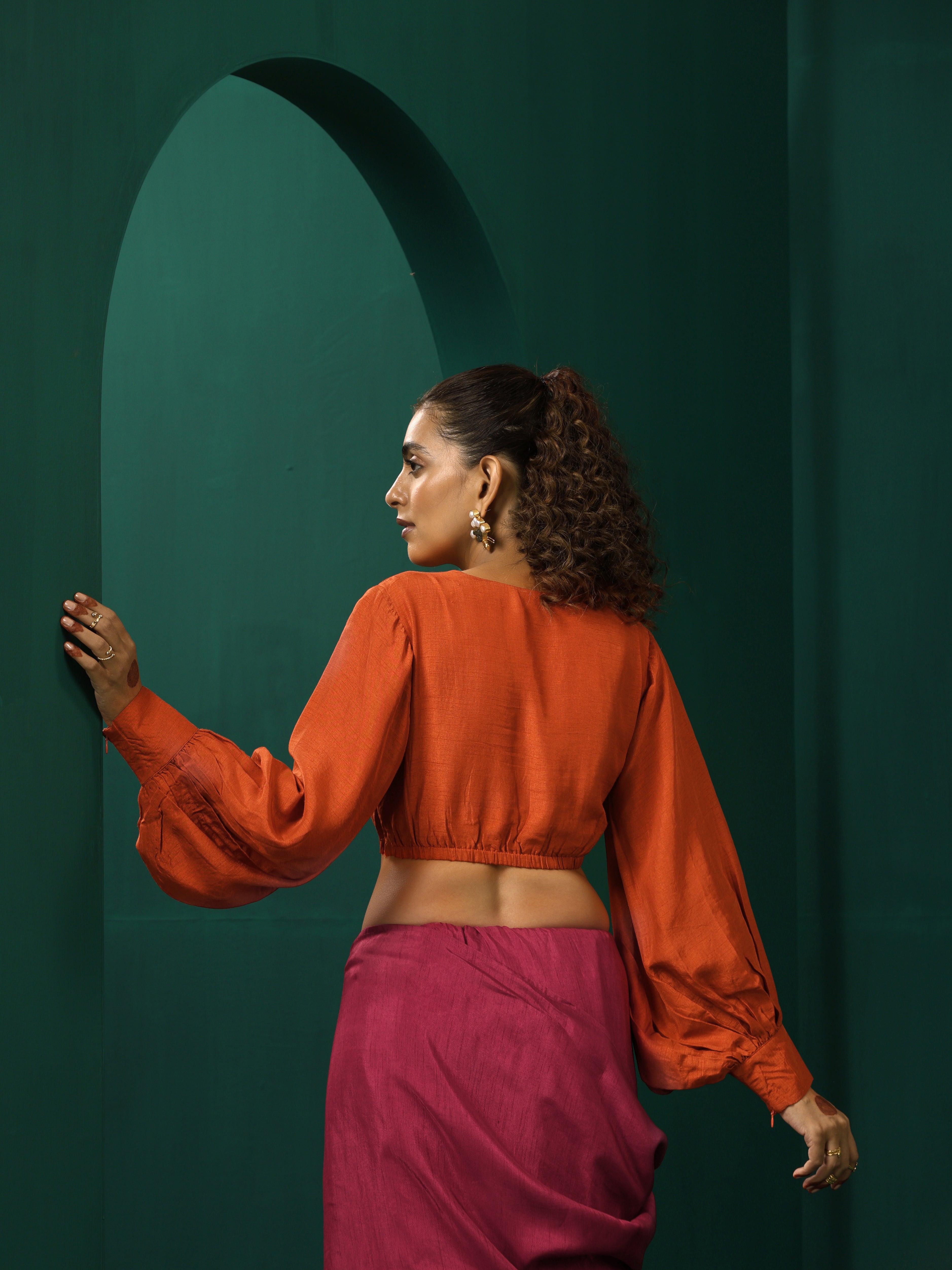 trueBrowns Rust Silk Gathered Sleeve Blouse | Grocsy