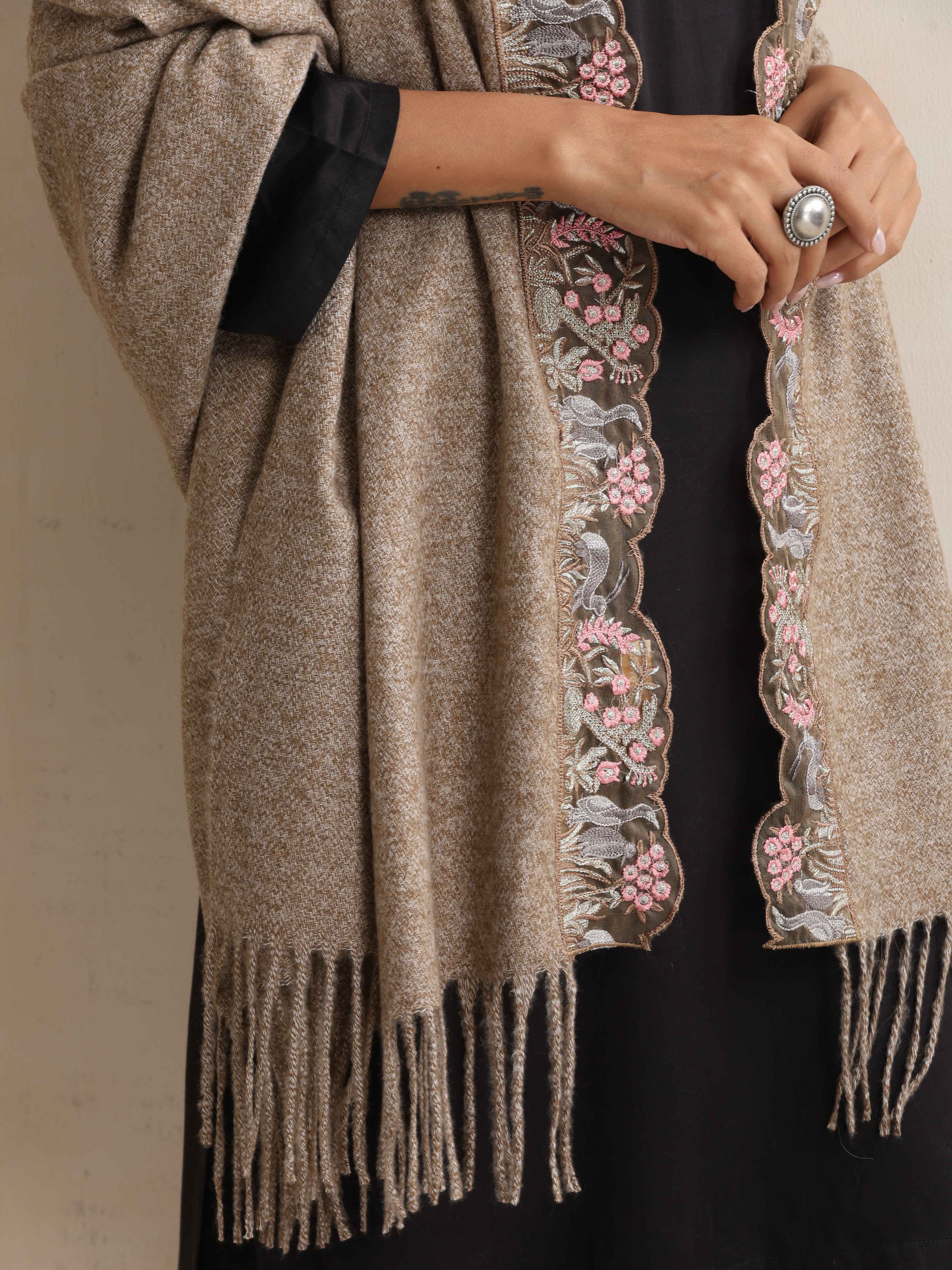 trueBrowns Beige Embroidered Woollen Stole | Grocsy