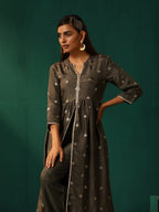 trueBrowns Grey Diamond Viscose Silk Front Slit Kurta Pant Set | Grocsy