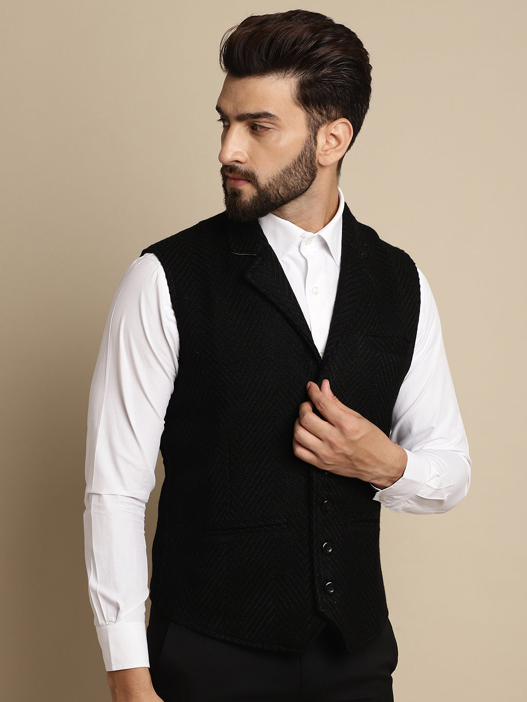 Even Apparels Men's Black Wool Waistcoat with Notched Lapel | Grocsy
