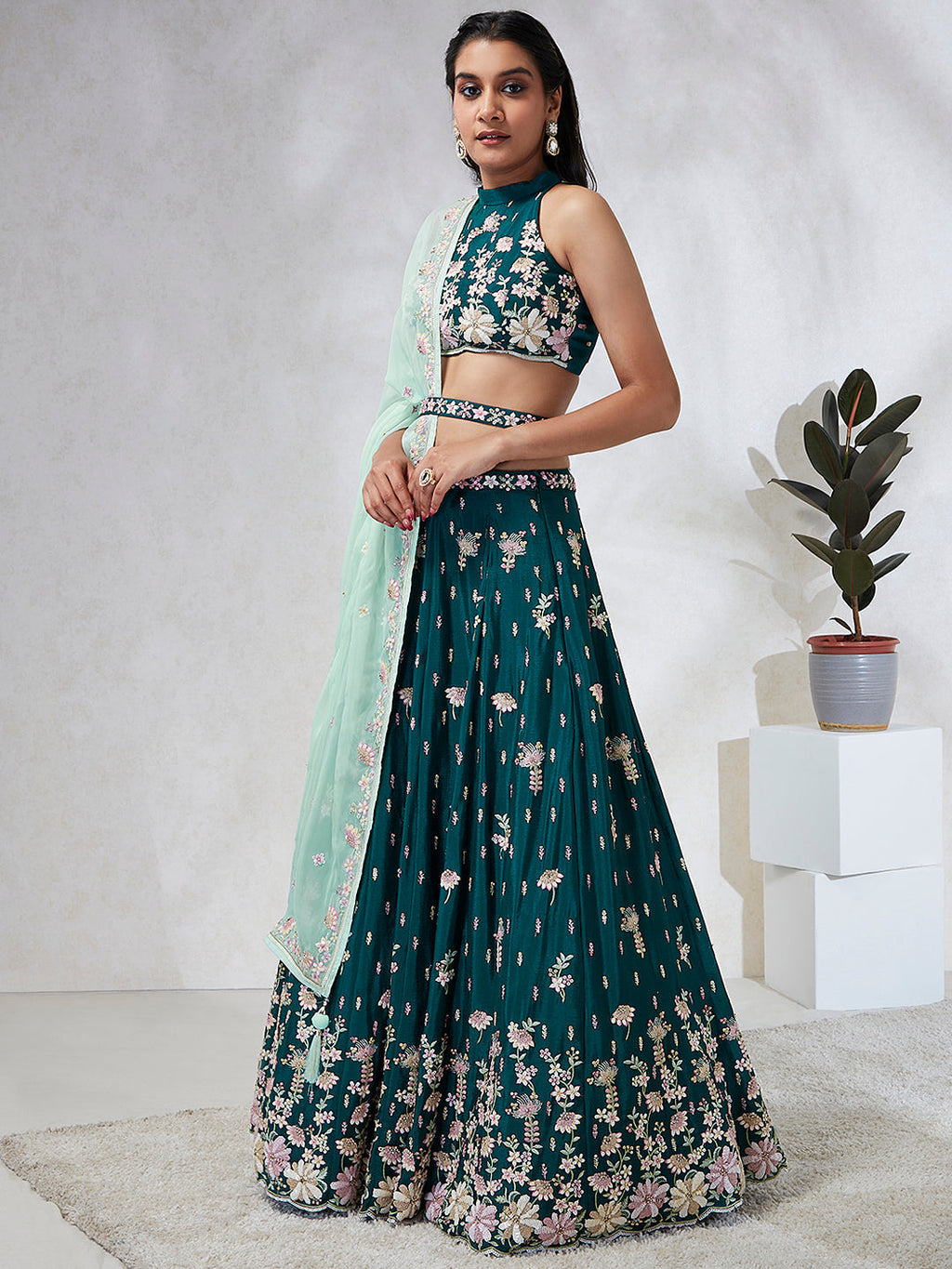 House of Panchhi Green Pure Georgette Sequins And Thread Embroidery Lehenga Choli & Dupatta | Grocsy