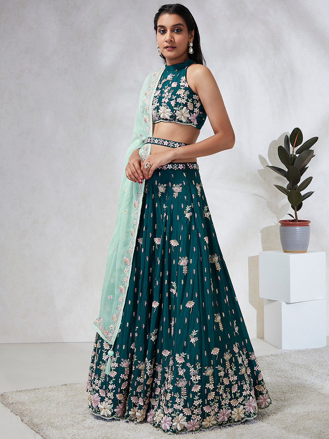 House of Panchhi Green Pure Georgette Sequins And Thread Embroidery Lehenga Choli & Dupatta | Grocsy