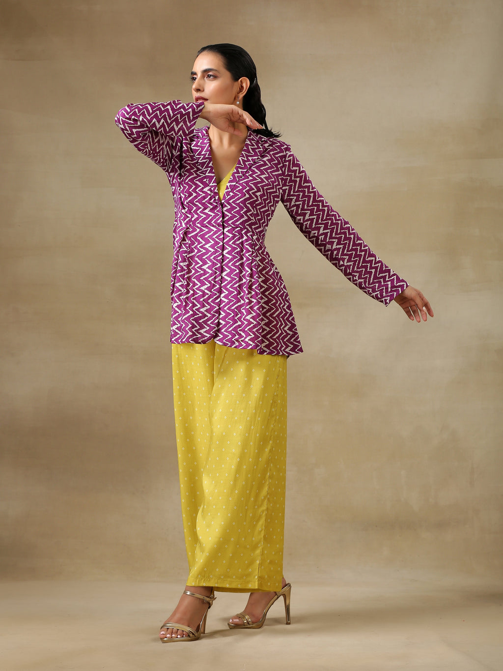 trueBrowns Lime Green Bandhani Printed Silk Top Pant with Purple Printed Jacket Set | Grocsy