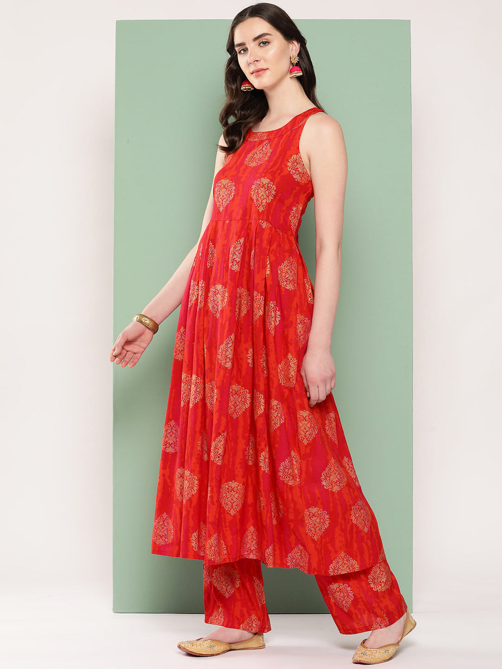 InWeave Women's Rust Mughal Print Raisa Back Detial Long Coords Set | Grocsy