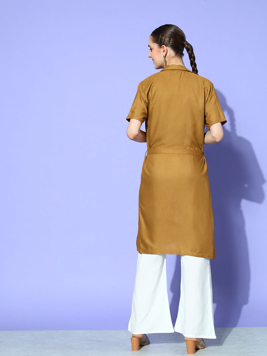 InWeave Women's Camel Brown Cream Pant Coord Set With Lime Green Crop Top | Grocsy