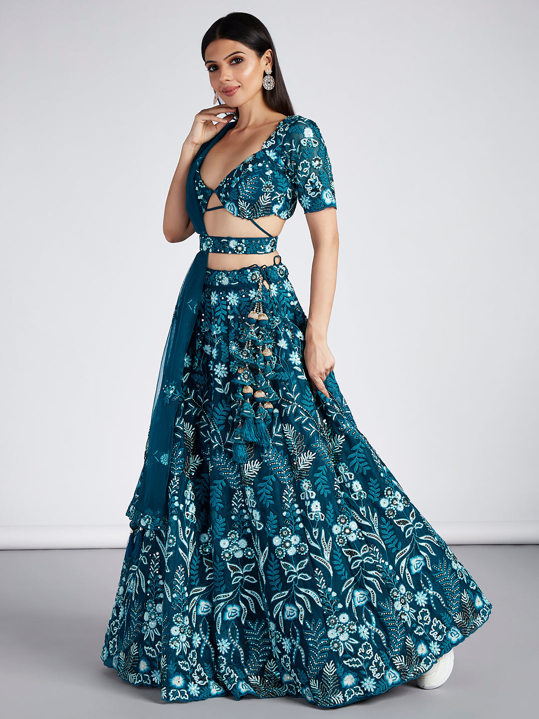 House of Panchhi Teal Net Sequins, Mirror And Thread Embroidery Lehenga Choli & Dupatta | Grocsy