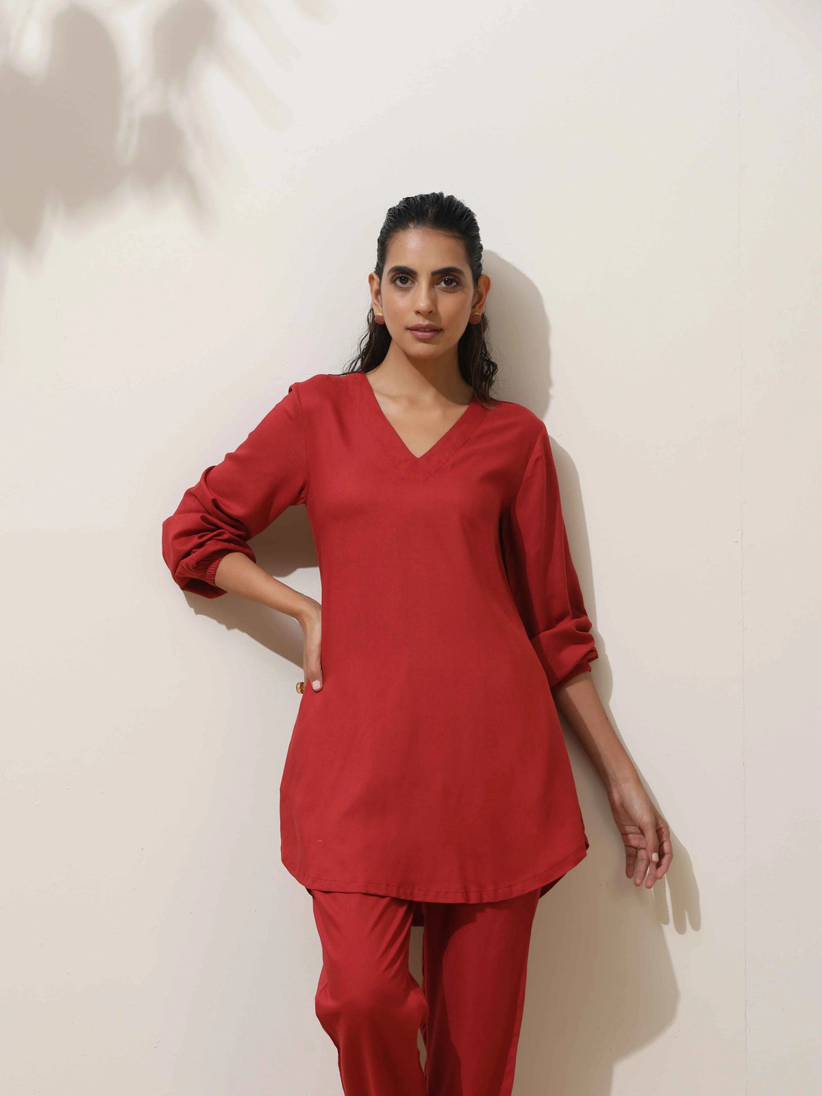 trueBrowns Maroon Viscose Co-ord Set | Grocsy