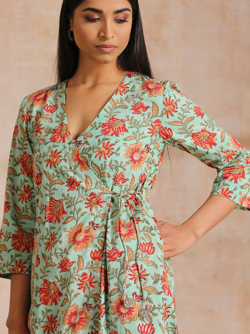 trueBrowns Seafoam Green Overall Floral Block Print Cotton Angrakha Pant Set | Grocsy