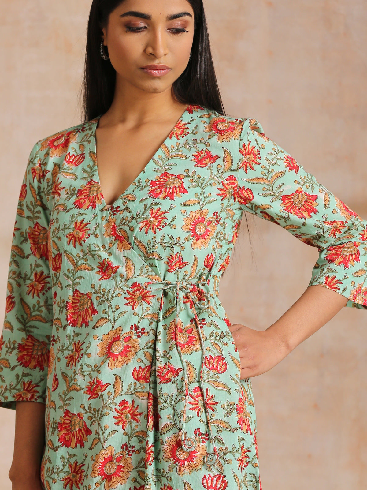 trueBrowns Seafoam Green Overall Floral Block Print Cotton Angrakha Pant Set | Grocsy